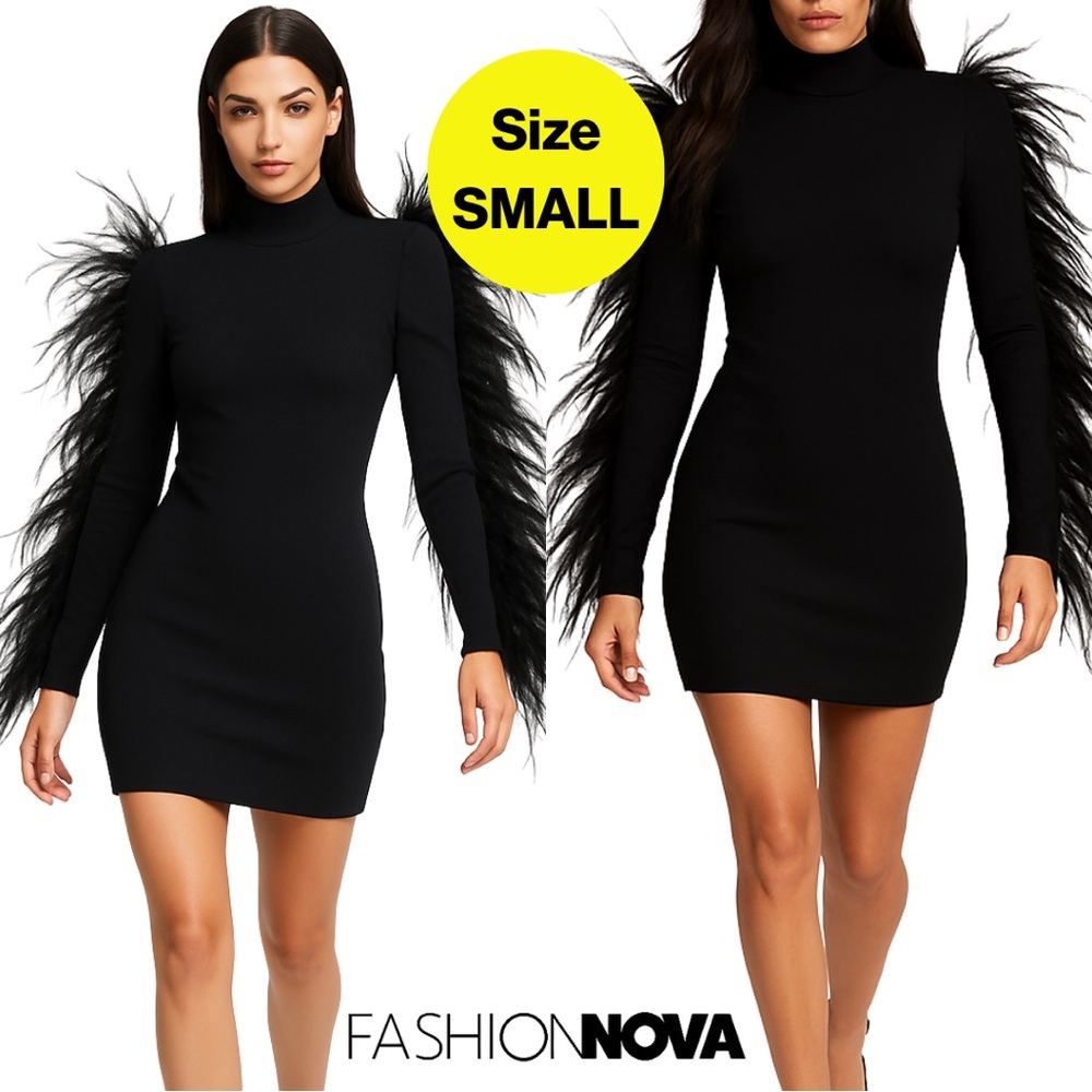 FASHION NOVA 🪶 Black Mini Dress, Embelleished Feather Detailed Sleeves (Small)